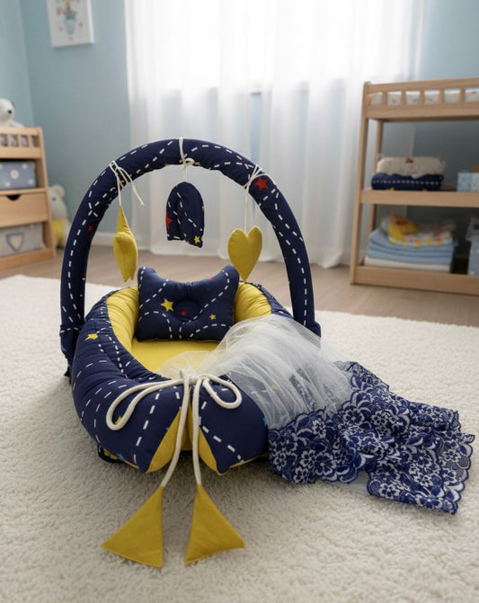 Printed Baby Snuggle Set with Pillow & Mosquito Net – Yellow Stars | Newborn Baby Nest (0–6 Months)
