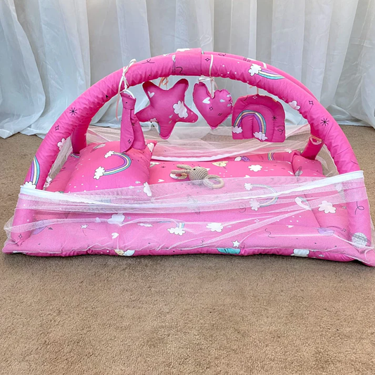 Baby Snuggle Mosquito Net with Pillow & Toy Hangings – Pink Rainbow - Paidaish