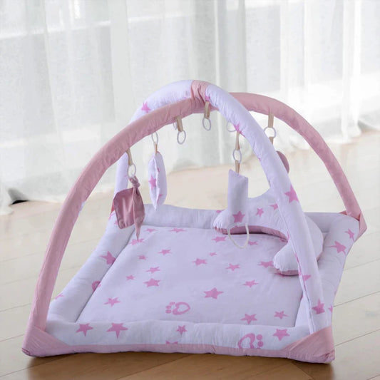 Printed Cotton Baby Playing Mat with Hanging Cushions & Pillow – Pink Star