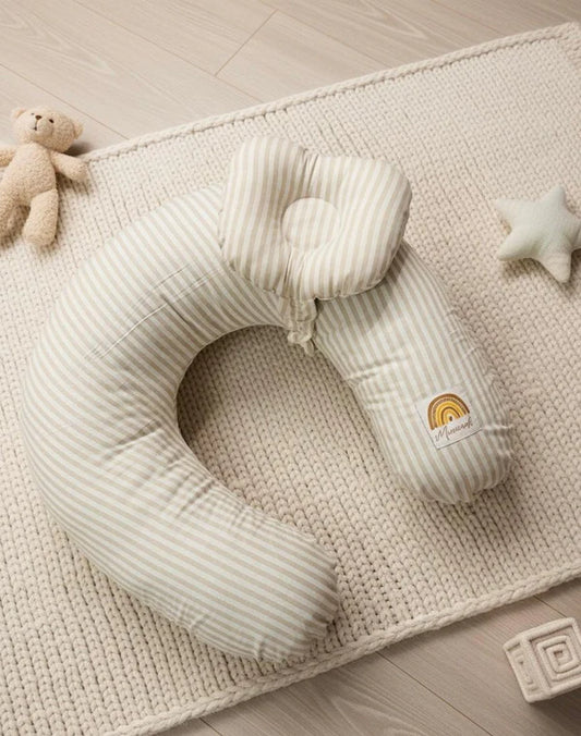 Printed Cotton Baby Nursing Pillow with Removable Cover & Head Pillow – Beige Stripes