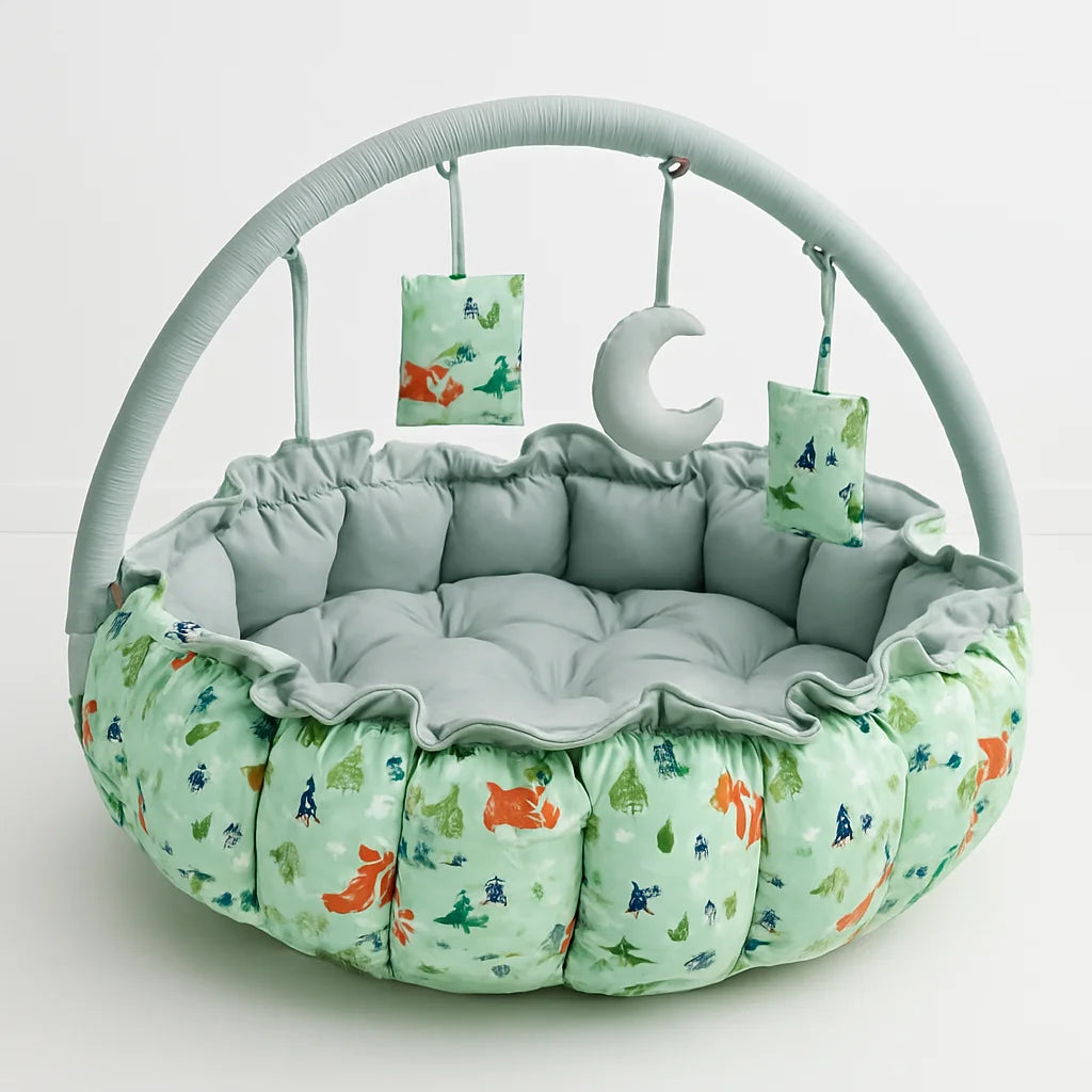 Printed Cotton Baby Round Snuggle Bed with Pillows – Little Trees Design - Paidaish