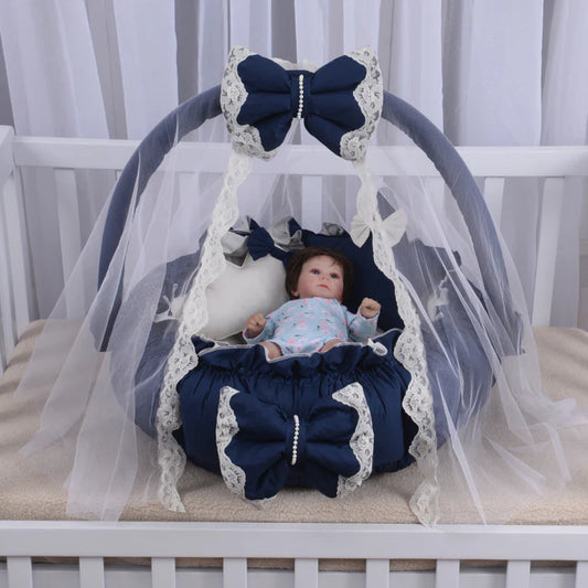 Luxury Baby Round Snuggle Bed with Pillows & Mosquito Net – Navy Blue & Off White - Paidaish