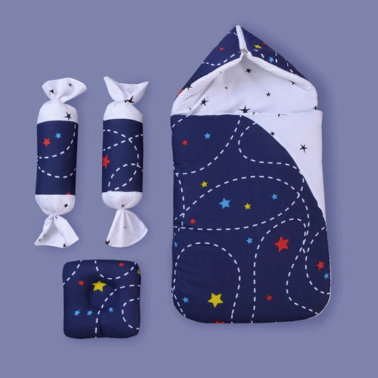 Cotton Printed Baby Carry Nest with Pillows – Blue | Soft Newborn Bedding Set - Paidaish