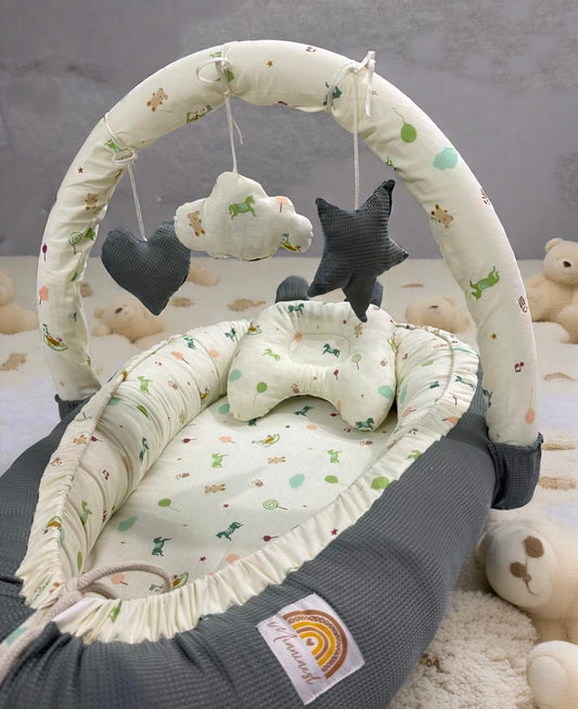 Cotton & Waffle Baby Snuggle Bed with Pillow – Gray | Newborn Baby Nest (0–6 Months)