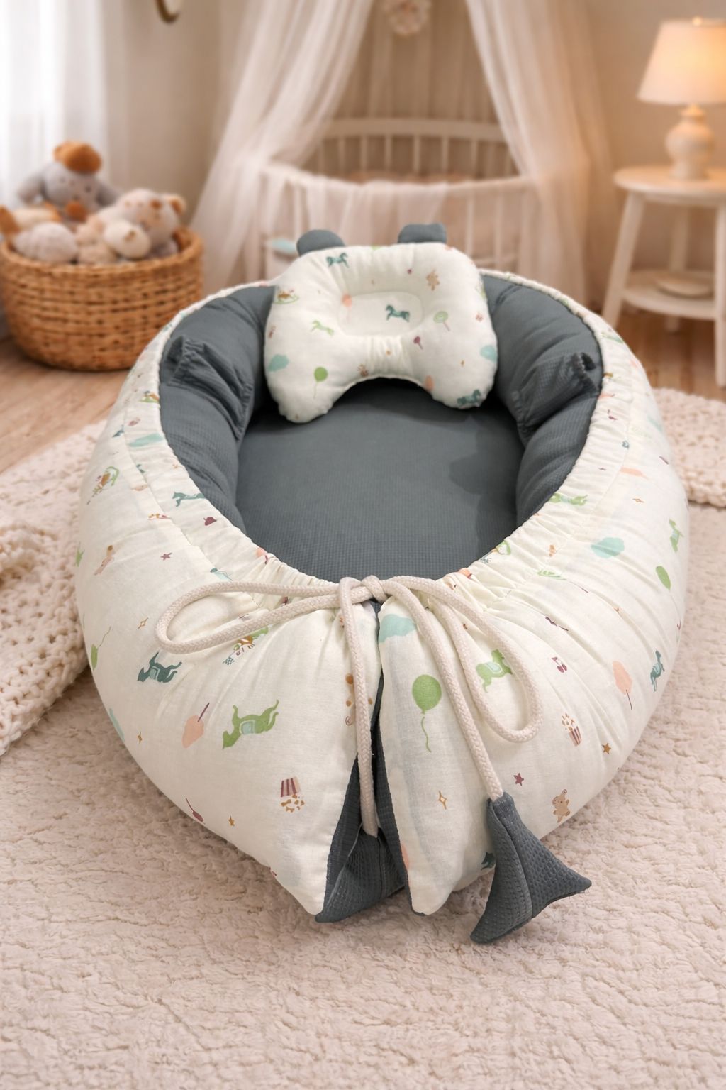 Cotton & Waffle Baby Snuggle Bed with Pillow – Gray | Newborn Baby Nest (0–6 Months)