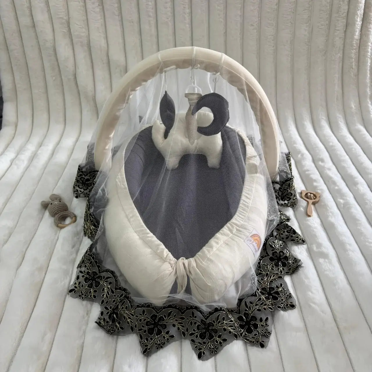 Luxury Cotton Baby Snuggle Set with Mosquito Net, Pillow & Toy Rod – Cream | Soft Newborn Baby Nest