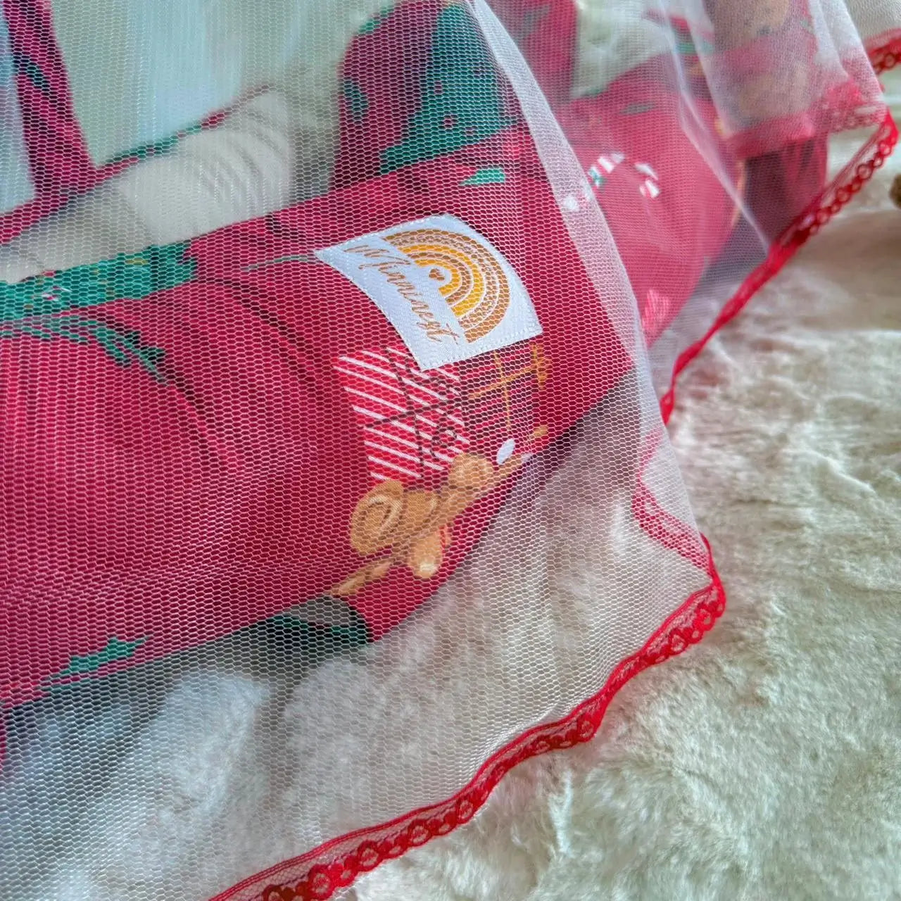 Printed Cotton Baby Snuggle Set with Mosquito Net, Pillow & Toy Rod – Beige Teddy 🧸