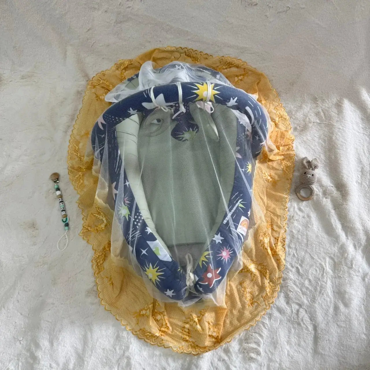 Printed Cotton Baby Snuggle Set with Mosquito Net, Pillow & Toy Rod – Shiny Pastel Green