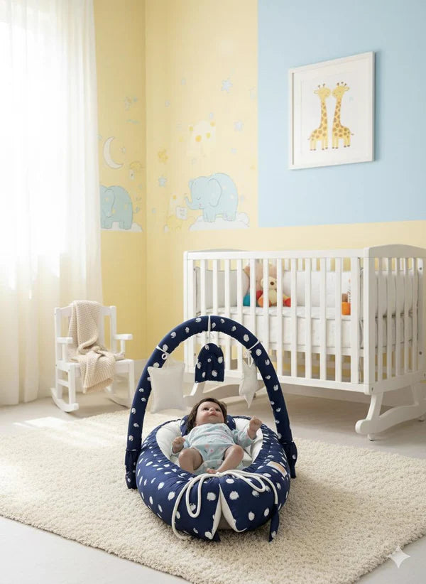 Printed Cotton Baby Snuggle Bed with Hanging Rod & Pillow – Navy Blue - Paidaish