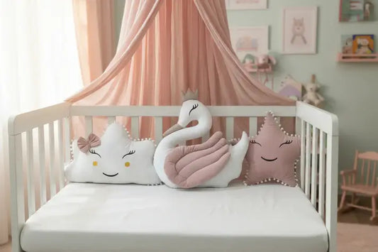 Premium Velvet Baby Cushion Set for Baby Girl – Pack of 3 | Swan, Cloud & Star Cushions