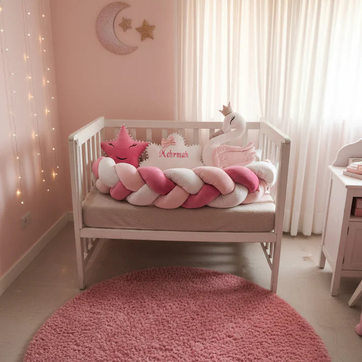 Customized Name Premium Velvet Baby Cushion Set – Sweet Pink | Personalized 4-Piece Nursery Cushion Set