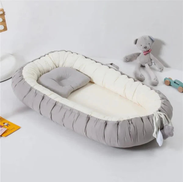 Cotton Baby Snuggle Bed with Head Pillow- Off white & Light Gray