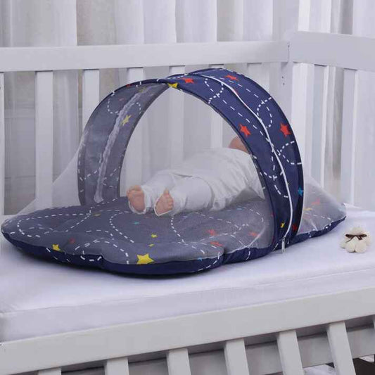 Printed Baby Mosquito Net with Pillow – Blue Star | Soft Cotton Newborn Set - Paidaish