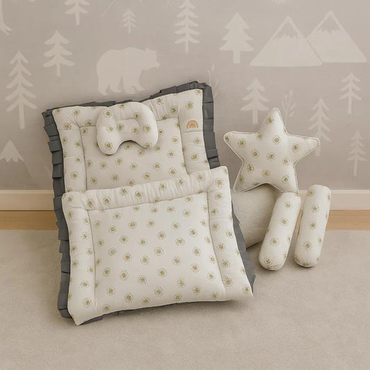 Printed Cotton Baby Bed Set – 6 Pcs | Floral Gray - Paidaish