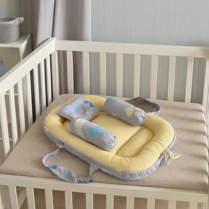 Printed Cotton Baby Nest Set – 4 Pcs | Yellow Moon & Star Design - Paidaish 