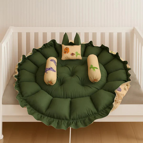 Printed Cotton Baby Round Cot with Soft Pillows & Toy Hanging Rod Yellow – Green - Paidaish 