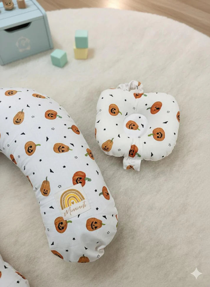 Printed Cotton Baby Nursing Pillow with Removable Cover & Head Pillow – White Pumpkin