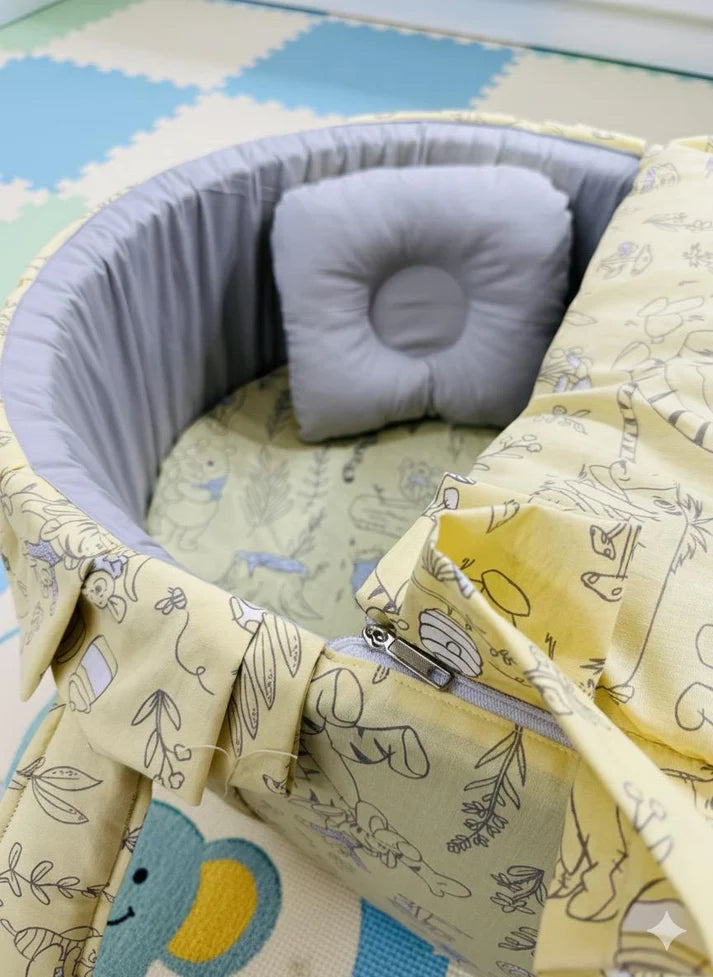 Printed Cotton Baby Basket with Head Pillow – Gray