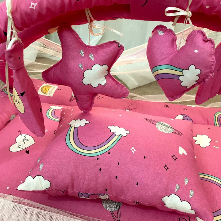 Baby Snuggle Mosquito Net with Pillow & Toy Hangings – Pink Rainbow - Paidaish 