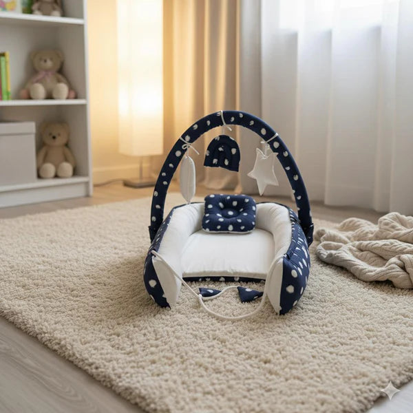 Printed Cotton Baby Snuggle Bed with Hanging Rod & Pillow – Navy Blue - Paidaish 