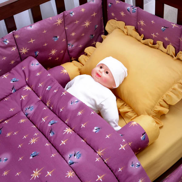Printed Baby Cot Set – 9 Pcs – Golden Fireflies