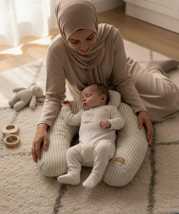 Printed Cotton Baby Nursing Pillow with Removable Cover & Head Pillow – Beige Stripes