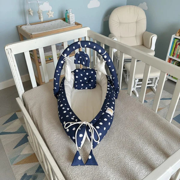 Printed Cotton Baby Snuggle Bed with Hanging Rod & Pillow – Navy Blue - Paidaish 
