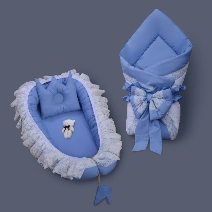Combo-Luxury Cotton Snuggle Bed with Foldable Sleeping Bag-Sky Blue