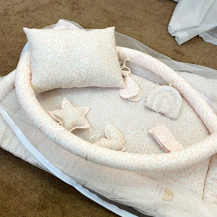 Baby Snuggle Bed with Mosquito Net, Pillow & Hanging Toys – Floral Design - Paidaish 