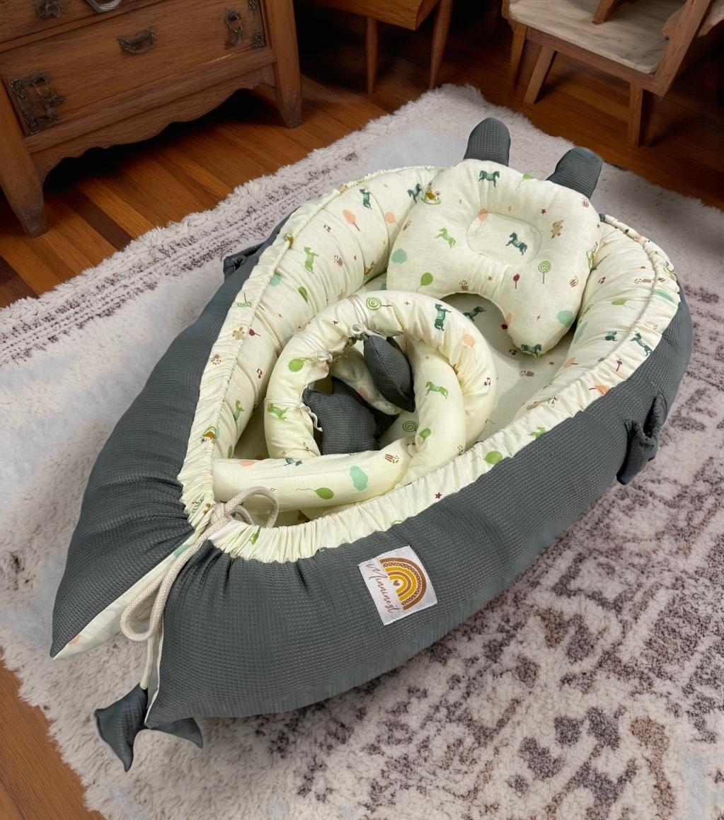 Cotton & Waffle Baby Snuggle Bed with Pillow – Gray | Newborn Baby Nest (0–6 Months)