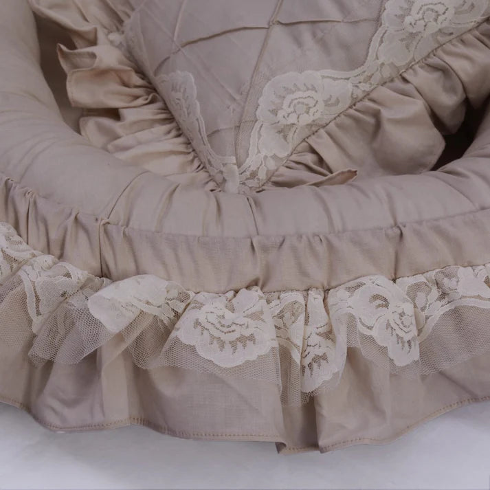 Luxury Double Frilly Baby Nest with Pillow – Beige | Soft Cotton Newborn Bed - Paidaish 