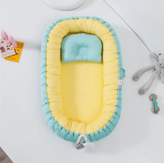 Cotton Baby Snuggle Bed with Pillow – Yellow & Cadet Blue - Paidaish 