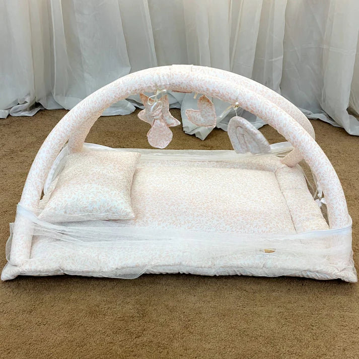 Baby Snuggle Bed with Mosquito Net, Pillow & Hanging Toys – Floral Design - Paidaish 