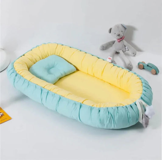 Cotton Baby Snuggle Bed with Pillow – Yellow & Cadet Blue - Paidaish 