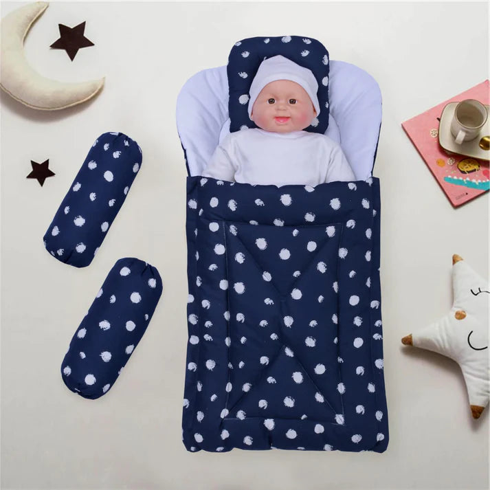 Cotton Printed Baby Carry Nest with Pillows – Blue & White - Paidaish 
