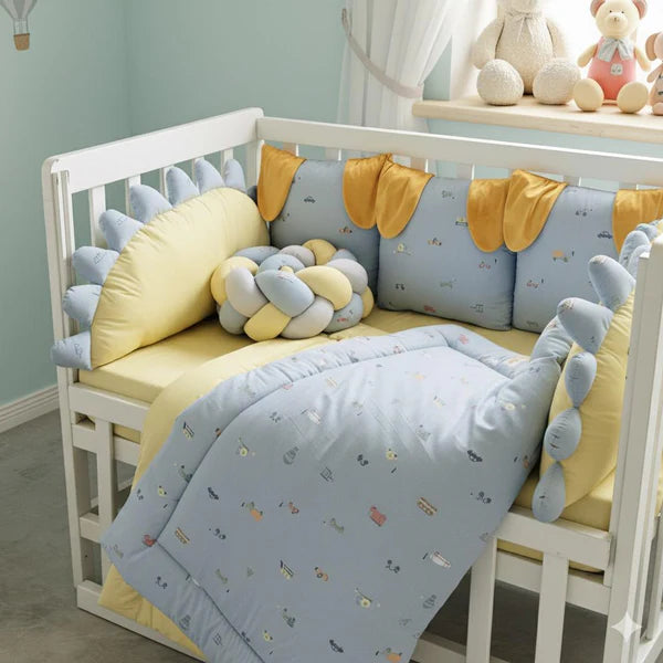 Printed Cotton Baby Cot Set – 8 Pcs – Gray Transport