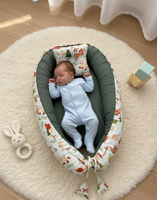 Double Sided Baby Nest with Head Pillow – Dark Green- (0–6 Months)