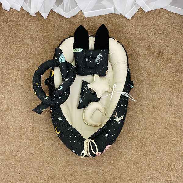 Printed Baby Snuggle Bed with Hanging road-Galaxy-Black