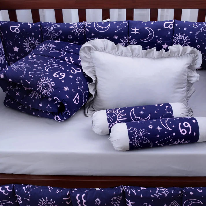 Sunshine Printed Baby Cot Set – 9 Pcs – Blue & Gray