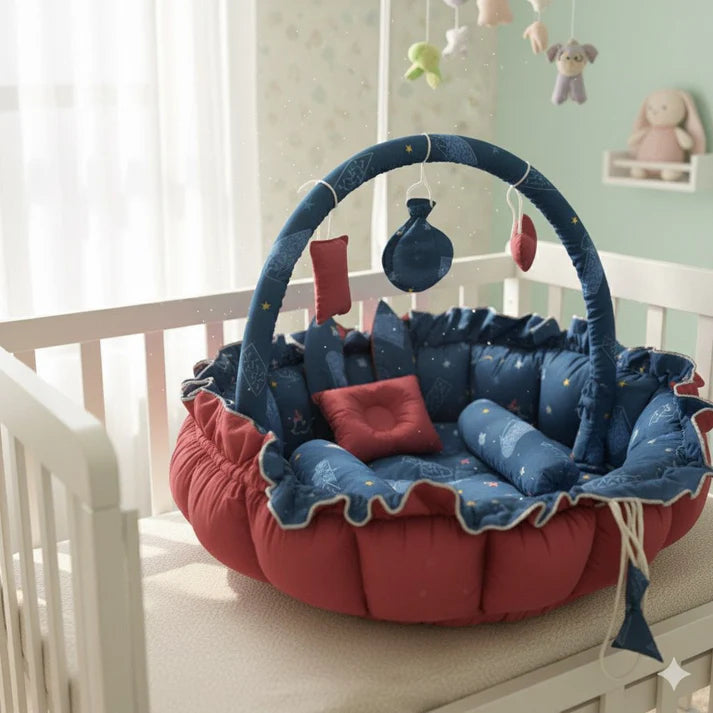 Printed Cotton Baby Round Snuggle Bed with Soft Pillows & Toy Hanging Rod Navy – Maroon Snow - Paidaish 