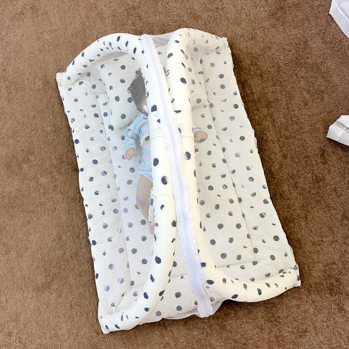 Baby Snuggle Bed with Mosquito Net, Pillow & Hanging Toys – White with Blue Dotted - Paidaish 