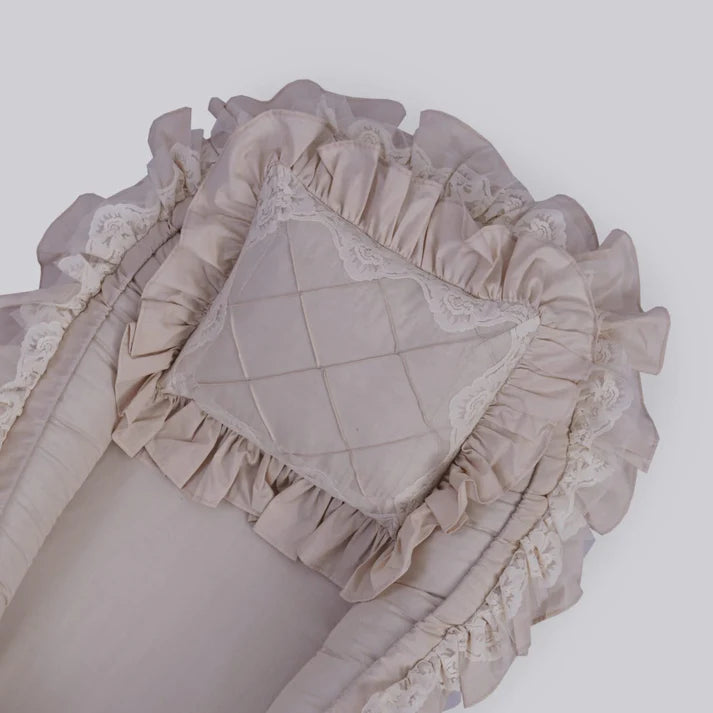 Luxury Double Frilly Baby Nest with Pillow – Beige | Soft Cotton Newborn Bed - Paidaish 