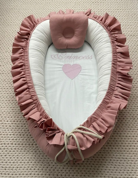 Frilly Cotton Baby Nest with Head Pillow – Pink Princess | Newborn Baby Nest (0–6 Months)