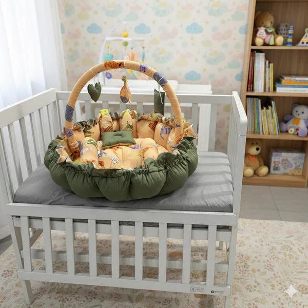 Printed Cotton Baby Round Cot with Soft Pillows & Toy Hanging Rod Yellow – Green - Paidaish 