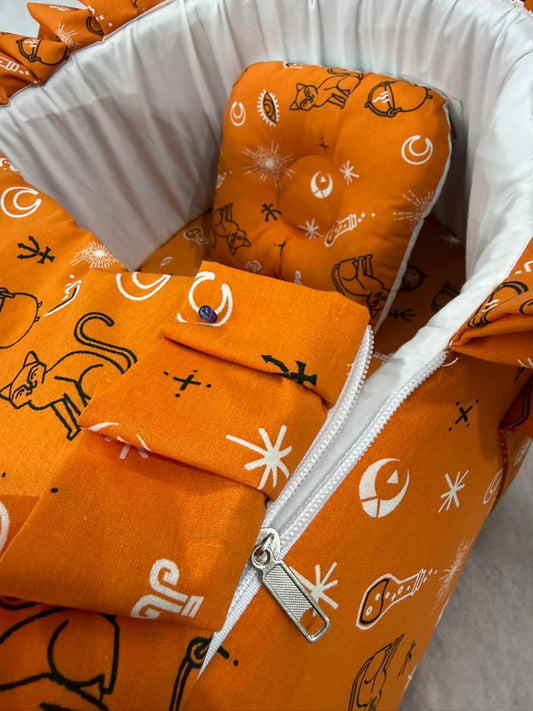 Printed Cotton Baby Basket with Head Pillow – Orange Magic | Newborn Baby Nest (0–6 Months)