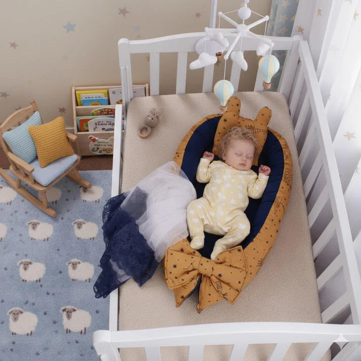 Printed Baby Snuggle Set with Pillow & Mosquito Net – Yellow Tiger | Newborn Baby Nest (0–6 Months)