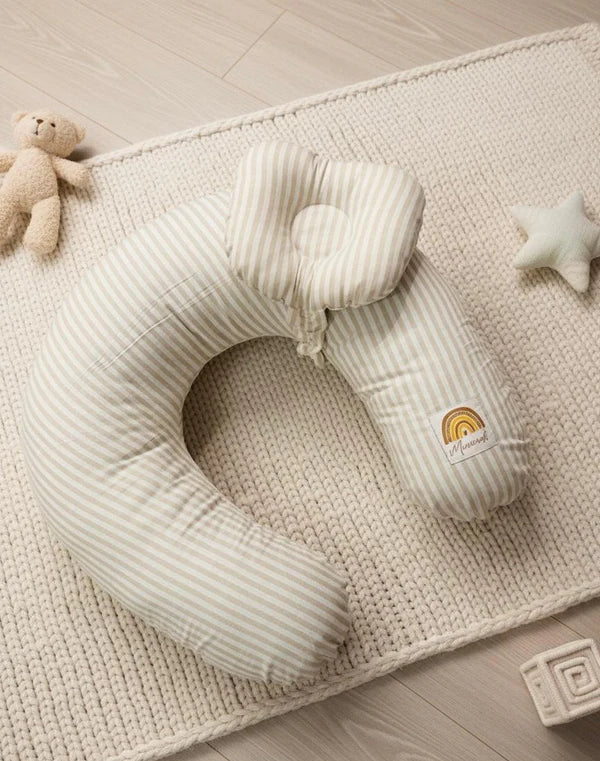 Printed Cotton Baby Nursing Pillow with Removable Cover & Head Pillow – Beige Stripes