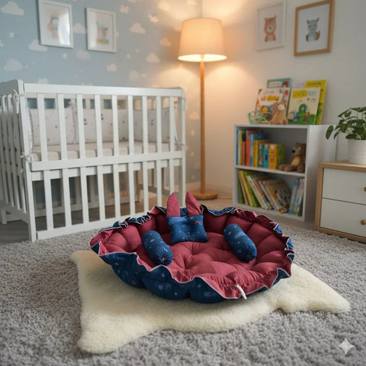 Printed Cotton Baby Round Snuggle Bed with Soft Pillows & Toy Hanging Rod Navy – Maroon Snow - Paidaish 