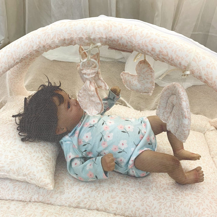 Baby Snuggle Bed with Mosquito Net, Pillow & Hanging Toys – Floral Design - Paidaish 