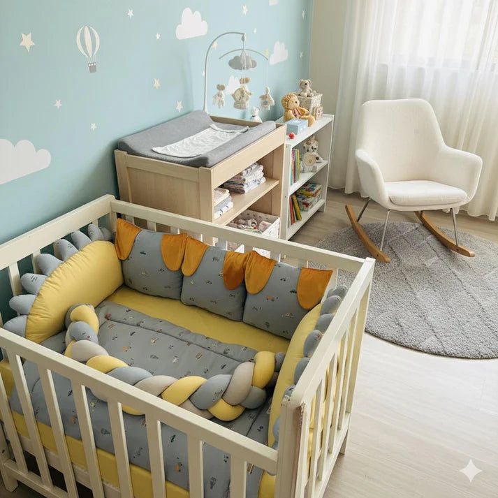 Printed Cotton Baby Cot Set – 8 Pcs – Gray Transport